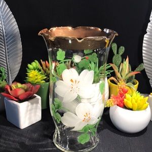 VINTAGE Clear glass vase or large pillar holder. White florals, hand painted